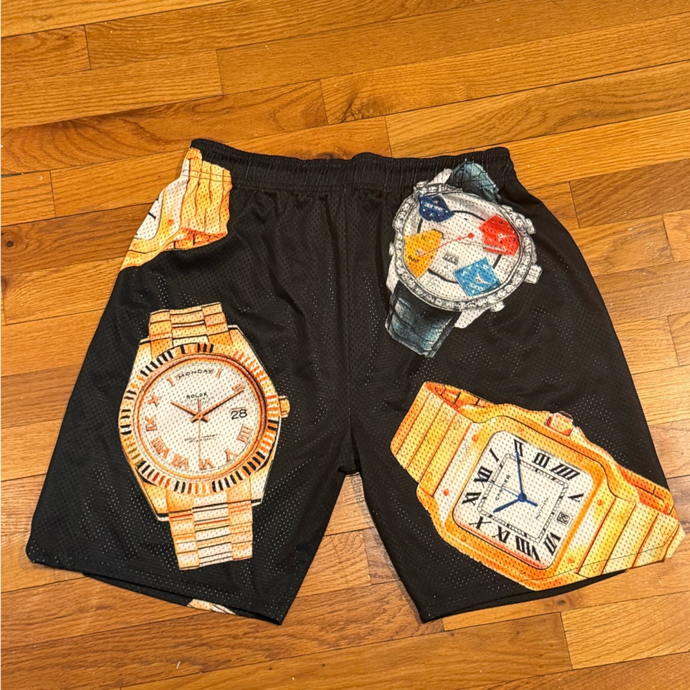 Black Shorts with Watch Print - Picture 2 of 3
